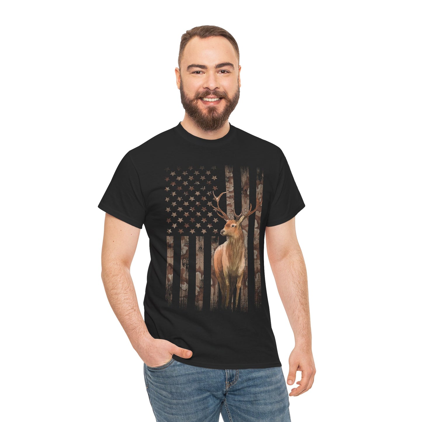 Deer Hunting Shirt - Camo USA Hunting Season Lover, Whitetails Hunter Dad, Camouflage American Flag T-Shirt