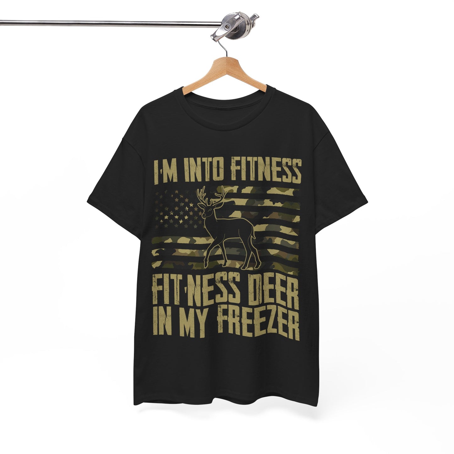 Deer Hunting T-Shirt, I'm Into Fitness Fitness Deer in My Freezer USA Camo Flag Hunting Season T-Shirt