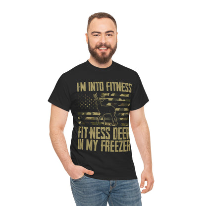 Deer Hunting T-Shirt, I'm Into Fitness Fitness Deer in My Freezer USA Camo Flag Hunting Season T-Shirt