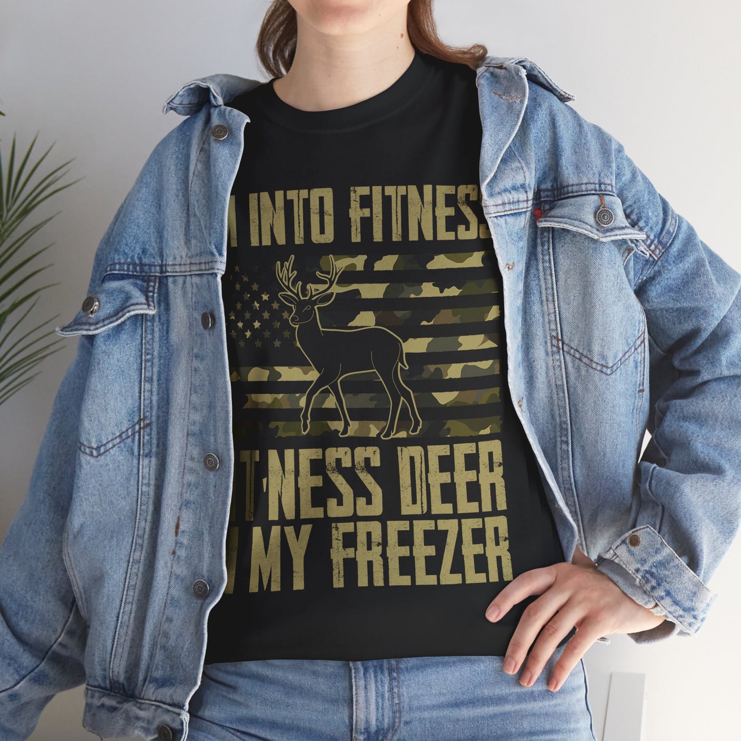 Deer Hunting T-Shirt, I'm Into Fitness Fitness Deer in My Freezer USA Camo Flag Hunting Season T-Shirt