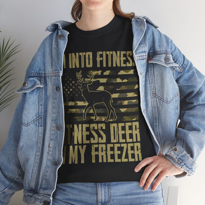 Deer Hunting T-Shirt, I'm Into Fitness Fitness Deer in My Freezer USA Camo Flag Hunting Season T-Shirt