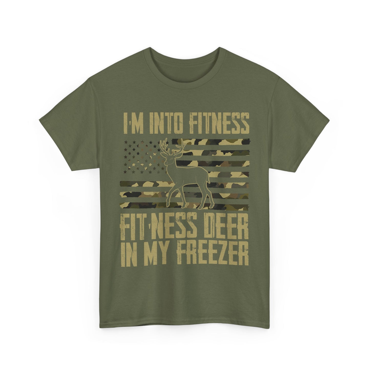 Deer Hunting T-Shirt, I'm Into Fitness Fitness Deer in My Freezer USA Camo Flag Hunting Season T-Shirt